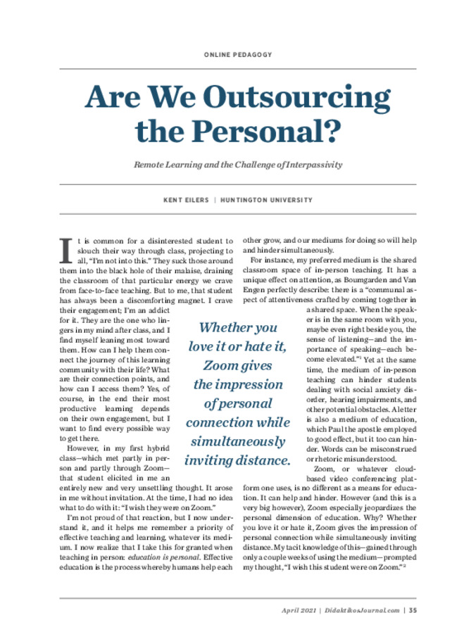 Are We Outsourcing the Personal? Remote Learning and the Challenge of Interpassivity Miniature